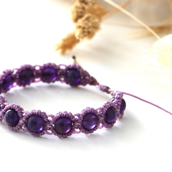 Bracelet Perles d’Améthyste | Pierres Naturelles | Chakra Couronne | Cristal | Bijoux Artisanaux Fait-main | Hippie Macramé | Idée Cadeau