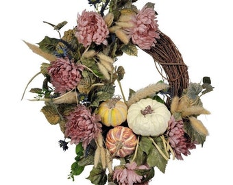 Boho Fall Wreath: Mauve Flowers, Pumpkins, Natural Porch Decor