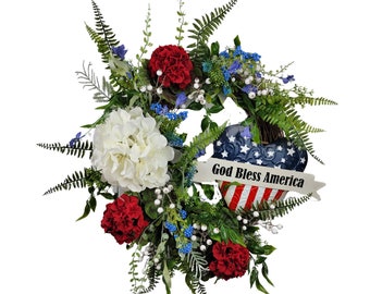 Patriotic Geranium Wreath for Front Door, Red White and Blue Floral Wreath for Porch, Hydrangea Wreath for July 4th, Everyday Patriotic Home