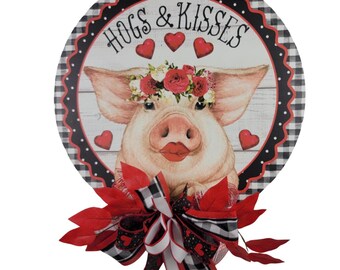Colgante de puerta de San Valentín con diseño de cerditos: Decoración rústica de granja "Hogs & Kisses"