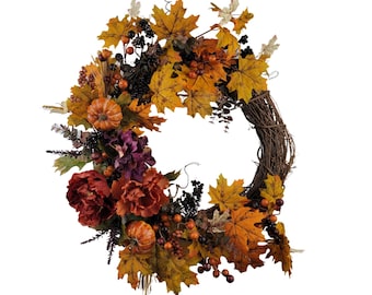 Fall Leaves and Pumpkin Wreath: Rustic Autumn Front Door Decor