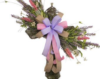 Religious Cross Wreath with Flowers, Christian Easter Home Décor, Baptism Cross Gift, Twig Cross Door Hanger, Confirmation Cross Gift