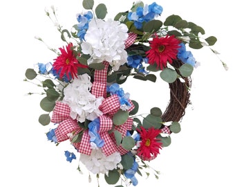 Small Patriotic Hydrangea Wreath for Front Door, Small Patriotic Porch Décor, Summer Wall Hanger, 4th of July Wreath, Outside Summer Wreath