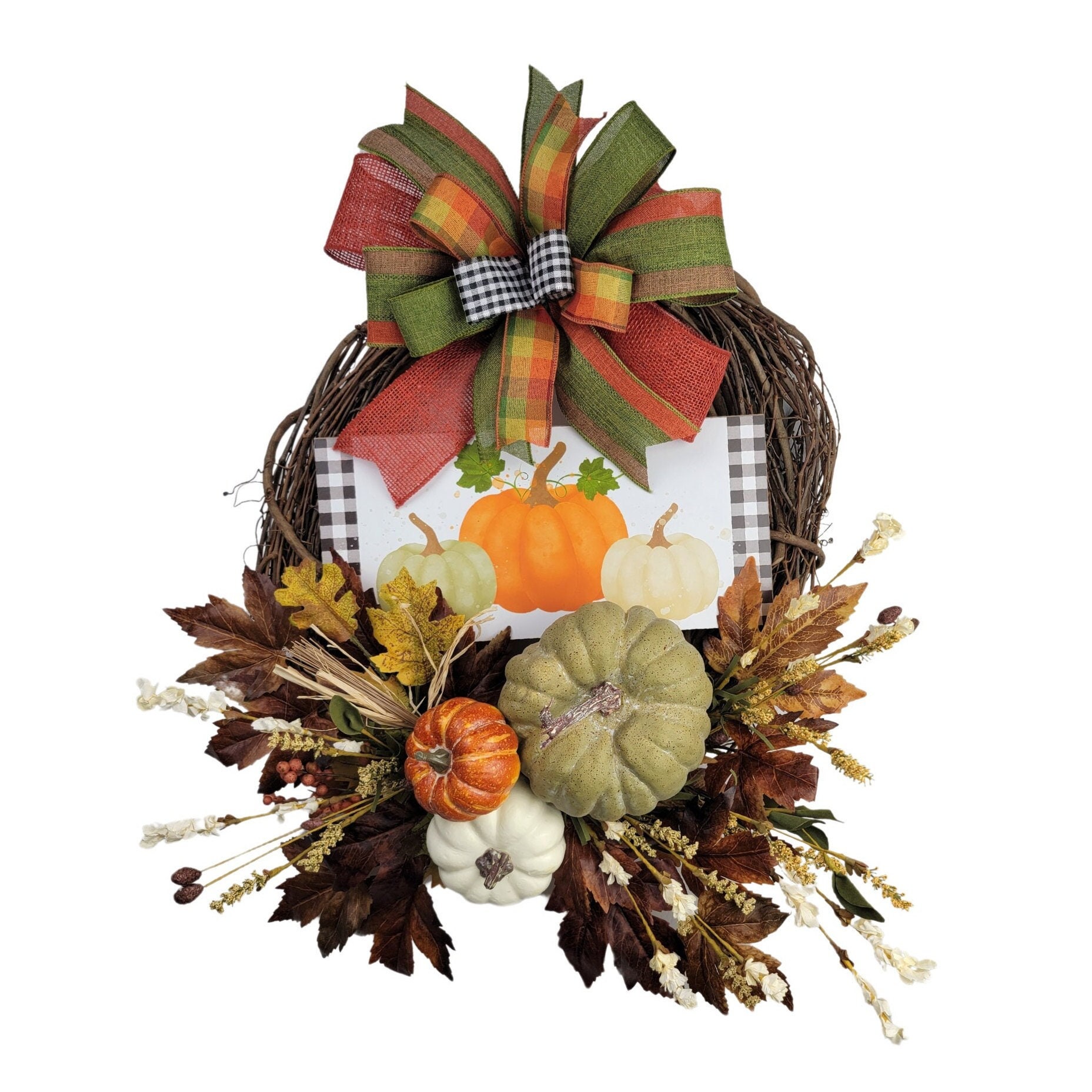 Rustic Pumpkin Welcome Wreath for Front Door, Farmhouse Fall Buffalo Check Porch Hanger, Pumpkin Themed Decor, Harvest Home Decor