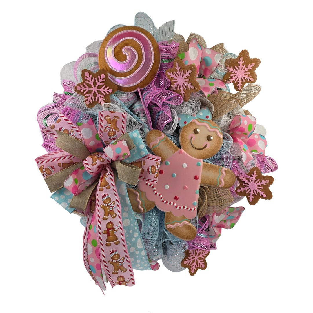 Pink Gingerbread Christmas Wreath, Candyland Holiday Front Door Decor ...