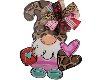 Valentine Gnome Door Hanger for Front Door, Valentine Doorhanger for Door, Leopard Valentines Door, Gnome for Valentines Day,
