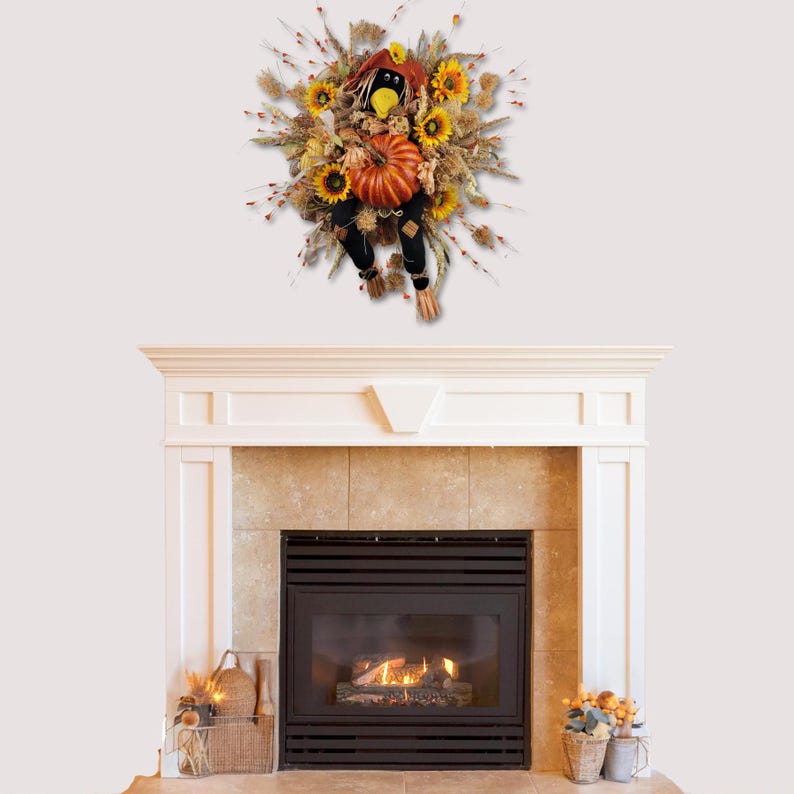 mock up of wreath above fireplace