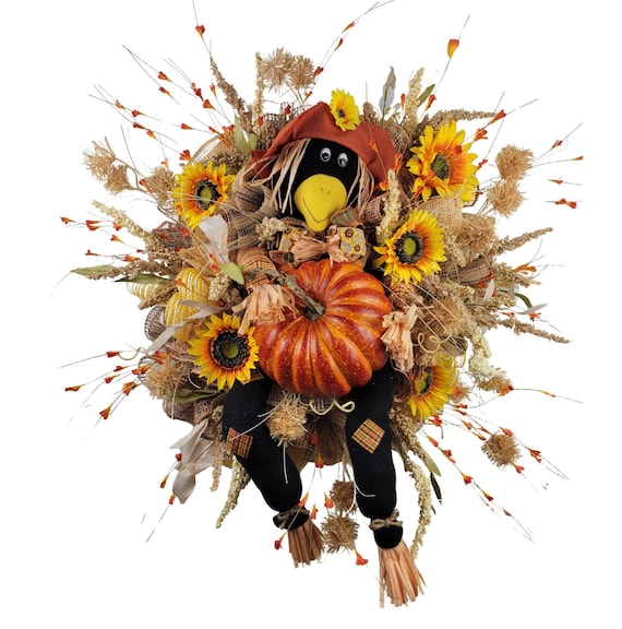 Scarecrow Fall Wreath: Sunflower Pumpkin Autumn Door Decor