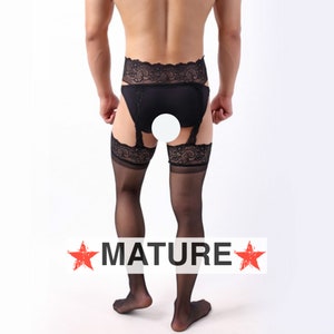 Fishnet/Mesh/Lace Suspender Tights Black One Size Sexy C-Through Sissy Fetish Mixed Straight/Gay/Bi/Solo Mature image 2