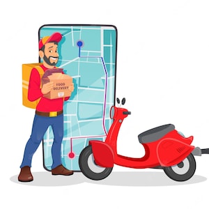 May include: Illustration of a food delivery person with a red scooter. The person holds a box labeled "FOOD DELIVERY" and stands next to a large smartphone displaying a map. The scooter is red with black tires.