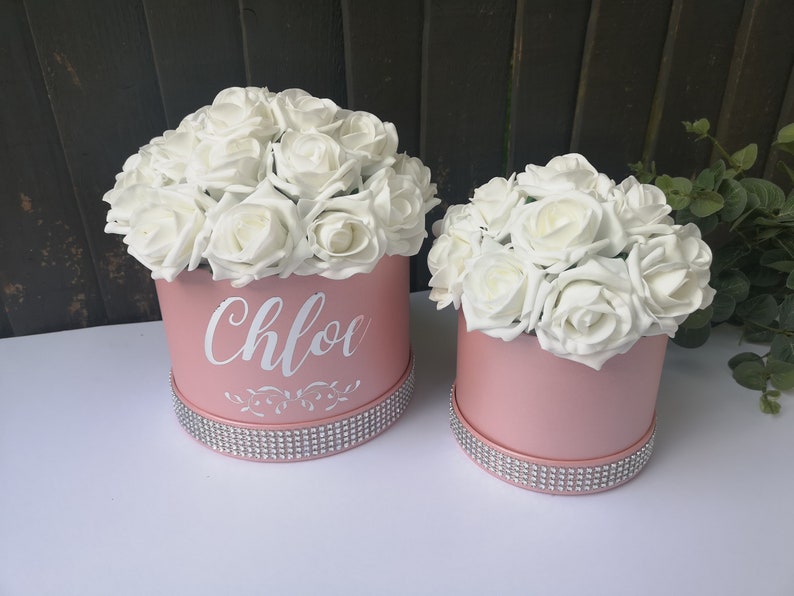 Personalised Rose Hat Box Diamante Bespoke Light Pink Flower Etsy