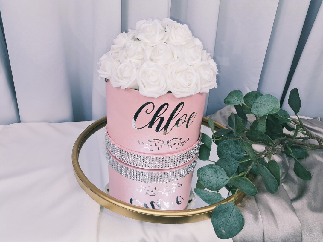 Personalised Rose Hat Box, Diamante Bespoke Light Pink Flower Hat Boxes