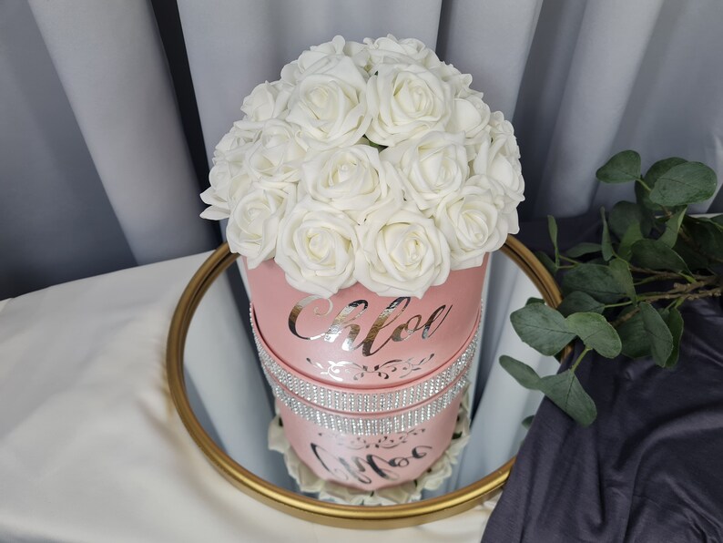 Personalised Rose Hat Box Diamante Bespoke Light Pink Flower Etsy