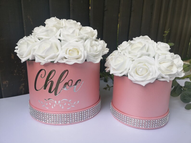 Personalised Rose Hat Box Diamante Bespoke Light Pink Flower Etsy