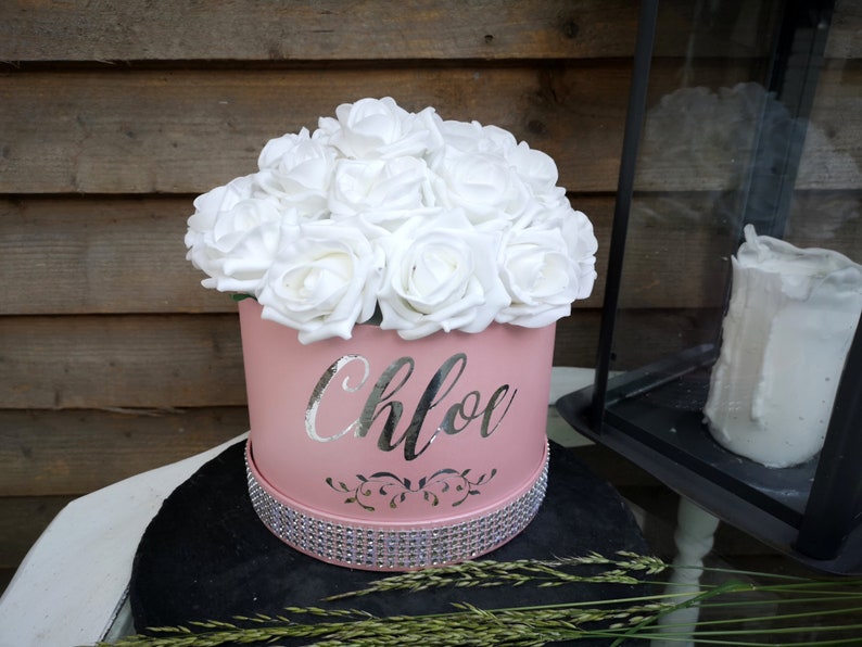 Personalised Rose Hat Box Diamante Bespoke Light Pink Flower Etsy