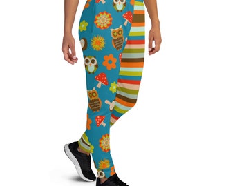 Owls and Mushrooms Comfy Pants, SaratopiaArt, retro style