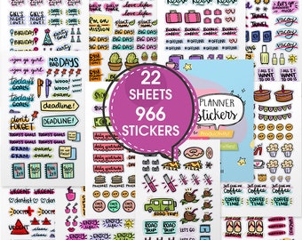 May include: A set of 22 sheets of planner stickers with 966 stickers in total. The stickers are colorful and feature various designs, including motivational quotes, cute animals, food, and travel-themed illustrations. The stickers are perfect for adding a personal touch to planners, journals, and other paper goods.