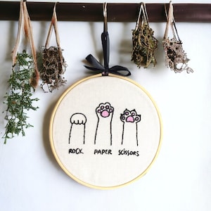 Rock, Paper, Scissors Cat Paw Embroidered Wall Art, Cat Paws, Cat Toe Beans, Cat Embroidery, Cat Lover, Home Decor, Cat Home Decor