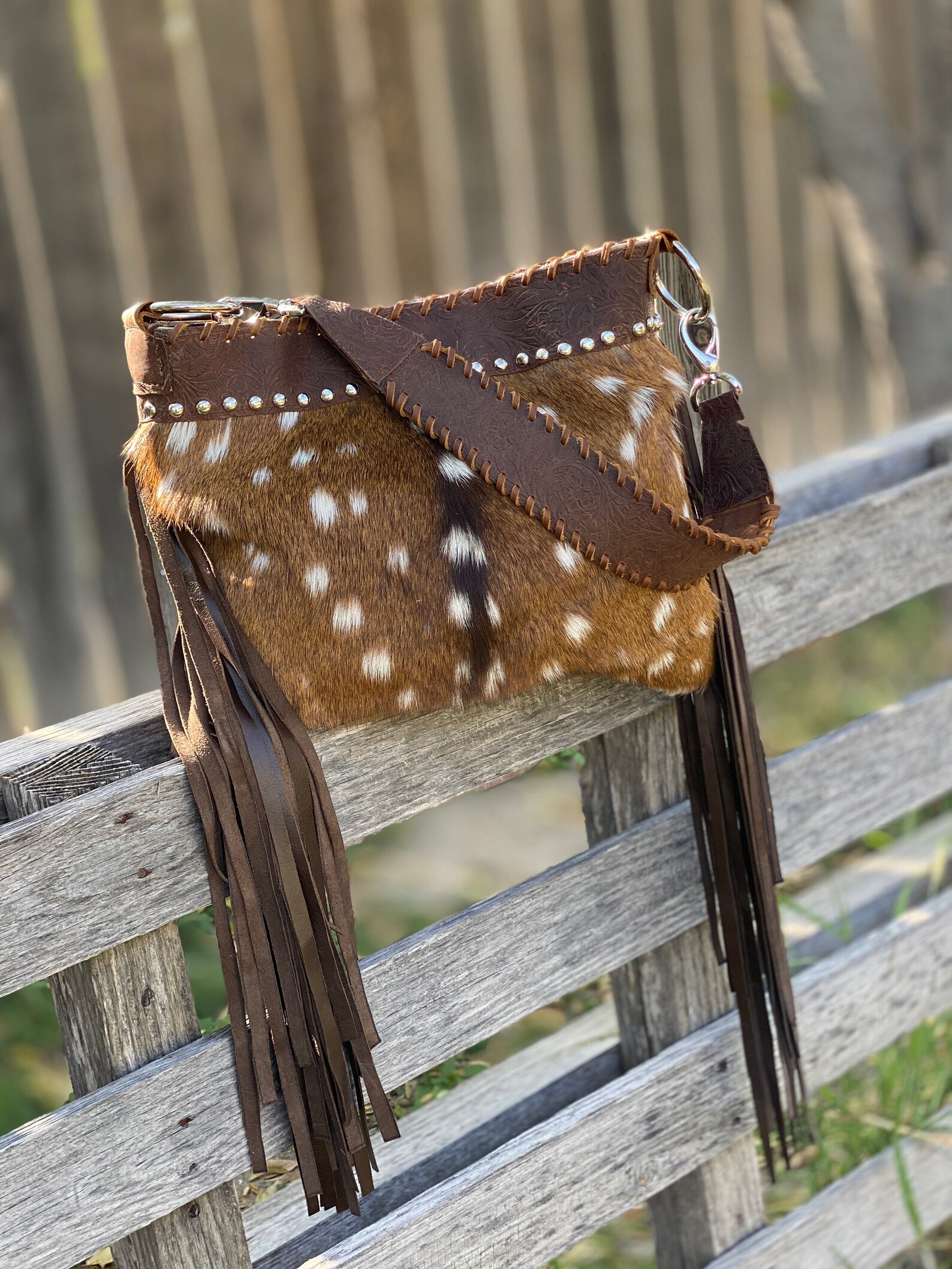 Axis Deer Hide Purse with Fringe and silver spots Etsy