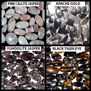May include: A collection of polished gemstones arranged in four quadrants labeled Pink Calcite Jasper, Apache Gold, Yuhdolite Jasper, and Black Tiger Eye. The stones vary in shape, including ovals, rectangles, and irregular forms, displaying distinct color patterns.