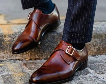 Pure Handmade Brown Leather Shoes, Strap Shoes for Men's, Buckle Shoes for Men, Designer Strap Shoes for Men