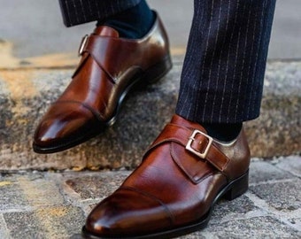 Zapatos de cuero marrón hechos a mano puros, zapatos con correa para hombres, zapatos con hebilla para hombres, zapatos con correa de diseñador para hombres