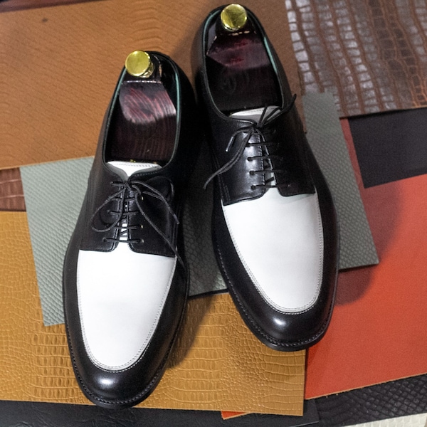 Bespoke Black and White Lace Up Leather Shoes, Formal and Classic Shoes for Men's