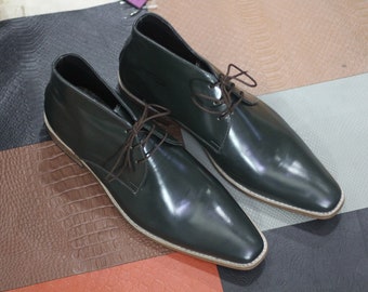 Handmade Black Lace up Genuien Leather  Boots, Men's Designer Half Ankle High Boots, Formal Wear Boots for Men's