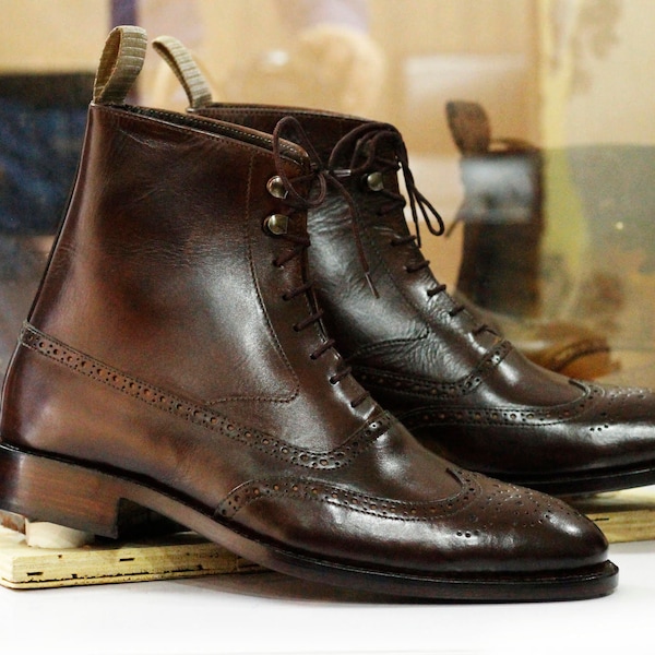 Handmade Brown Leather Wing Tip Brogue Boots, Bespoke Dress lace Up Boots, Men's Goodyear Welted Ankle High Boots