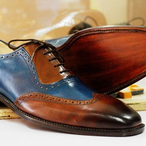 Bespoke Handmade Brown & Blue Leather Wing Tip Shoes, Oxfords Dress Formal Lace Up Shoes, Men's Goodyear Welted Shoes image 4