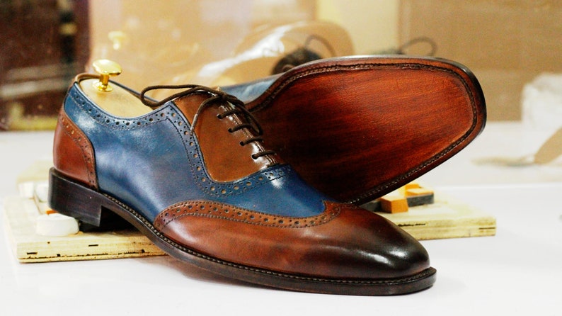 Bespoke Handmade Brown & Blue Leather Wing Tip Shoes, Oxfords Dress Formal Lace Up Shoes, Men's Goodyear Welted Shoes image 4