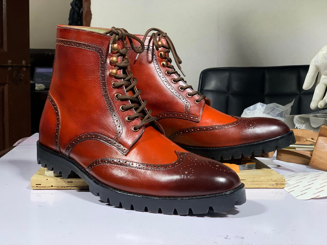 Handmade Burgundy Leather Wing Tip Brogue Digger Boots, Bespoke Dress ...