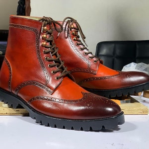 Handmade Burgundy Leather Wing Tip Brogue Digger Boots, Bespoke Dress Lace Up Boots, Men's Goodyear Welted Ankle High Boots