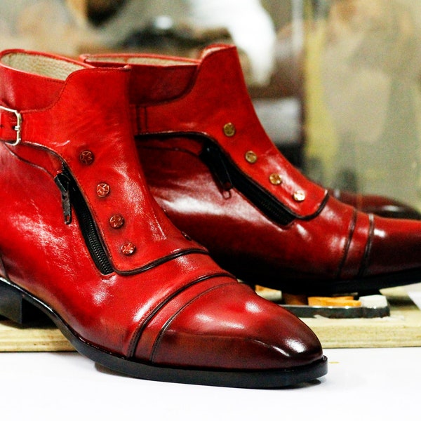 Handmade Leather Button Top Buckle Boots, Bespoke Red Dress Formal Boots, Men's Goodyear Welted Ankle High Zipper Boots