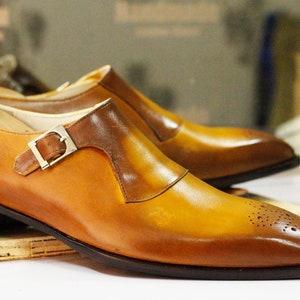 Bespoke Handmade Mustard Single Monk Shoes, Dress Brogue Toe Shoes, Men's Formal Goodyear Welted Shoes image 1