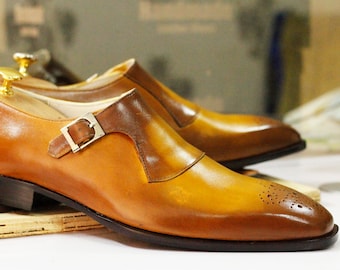 Bespoke Handmade Mustard Single Monk Shoes, Dress Brogue Toe Shoes, Men's Formal Goodyear Welted Shoes