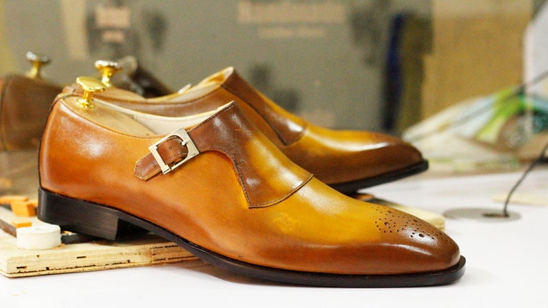 Bespoke Handmade Mustard Single Monk Shoes, Dress Brogue Toe Shoes, Men's Formal Goodyear Welted Shoes image 1