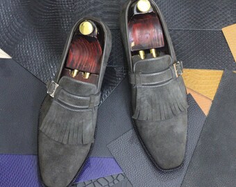 Bespoke Goodyear Welted Grey Colour Fringi Buckle Suede Lofar Shoes, Formal  and Stylish Shoes for Men's