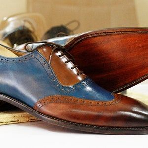 Bespoke Handmade Brown & Blue Leather Wing Tip Shoes, Oxfords Dress Formal Lace Up Shoes, Men's Goodyear Welted Shoes image 3