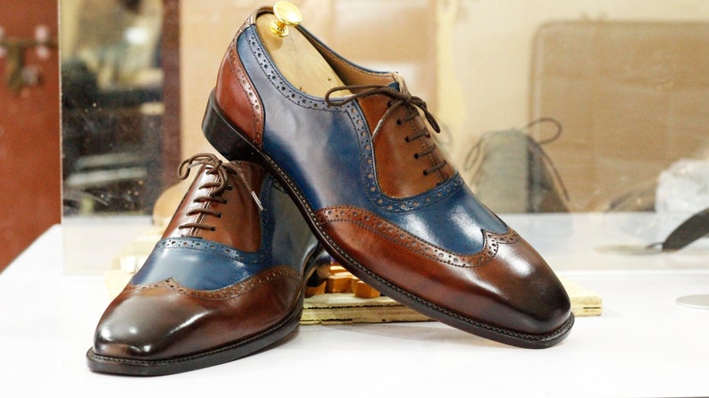 Bespoke Handmade Brown & Blue Leather Wing Tip Shoes, Oxfords Dress Formal Lace Up Shoes, Men's Goodyear Welted Shoes image 5