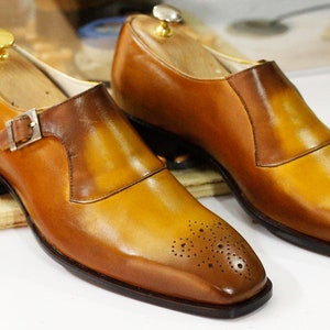 Bespoke Handmade Mustard Single Monk Shoes, Dress Brogue Toe Shoes, Men's Formal Goodyear Welted Shoes image 4