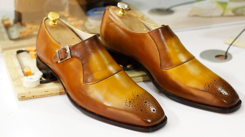 Bespoke Handmade Mustard Single Monk Shoes, Dress Brogue Toe Shoes, Men's Formal Goodyear Welted Shoes image 4