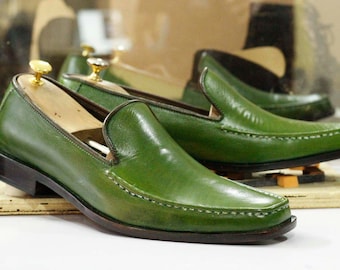 Bespoke Handmade Green Square Toe Leather Loafers, Dress Slipper Shoes, Men's Party Slip On Moccasins