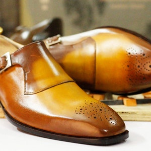 Bespoke Handmade Mustard Single Monk Shoes, Dress Brogue Toe Shoes, Men's Formal Goodyear Welted Shoes image 2