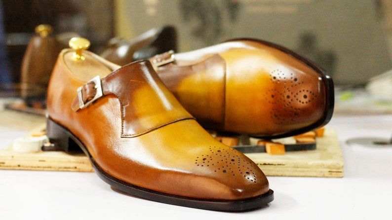 Bespoke Handmade Mustard Single Monk Shoes, Dress Brogue Toe Shoes, Men's Formal Goodyear Welted Shoes image 2