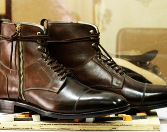 Handmade Cap Toe Side Zipper Boots, Bespoke Brown Dress Lace Up Boots, Men's Goodyear Welted Ankle High Boots