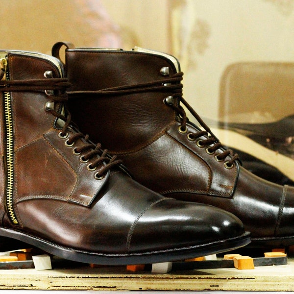 Handmade Cap Toe Side Zipper Boots, Bespoke Brown Dress Lace Up Boots, Men's Goodyear Welted Ankle High Boots