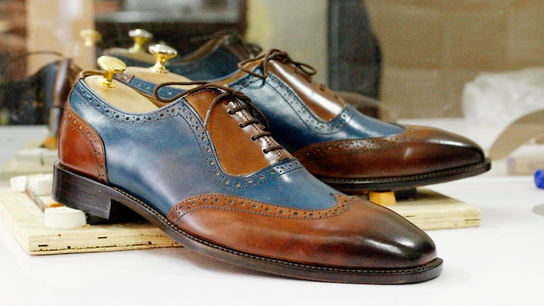 Bespoke Handmade Brown & Blue Leather Wing Tip Shoes, Oxfords Dress Formal Lace Up Shoes, Men's Goodyear Welted Shoes image 1