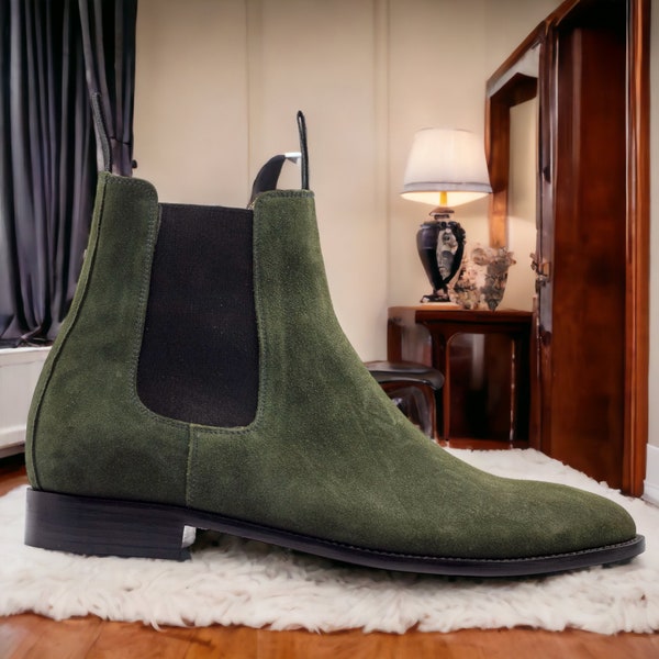 Bespoke Handmade Suede Chelsea Boots, Olive Green Dress Formal Slip On Boots, Men's Goodyear Welted Ankle High Boots