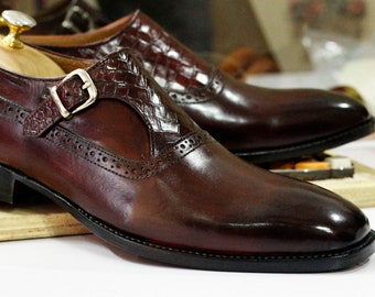Bespoke Handmade Brown Shoes Single Monk Strap Shoes, Dress Buckle Shoes, Men's Formal Goodyear Welted Shoes